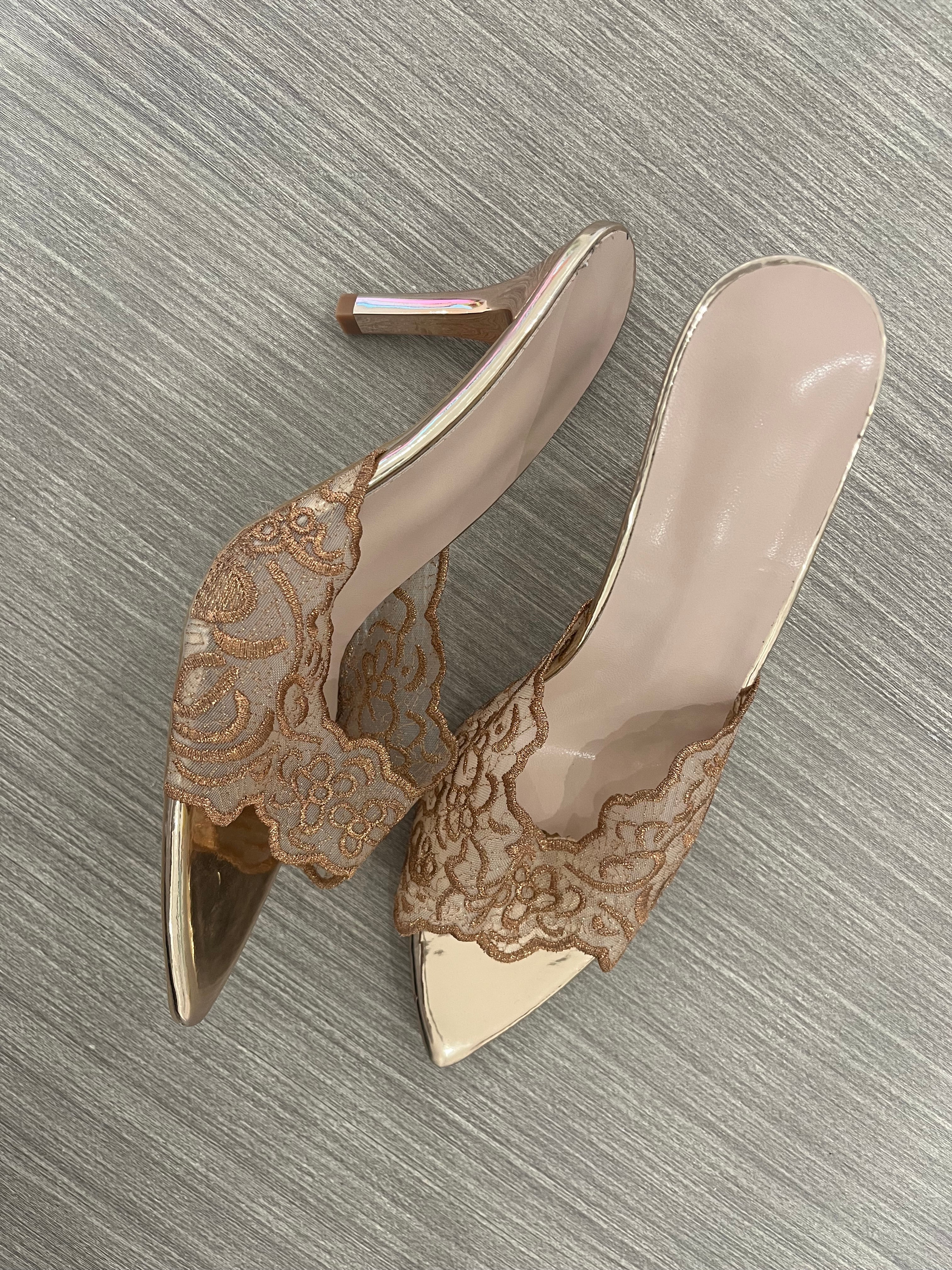 GOLD LACE MULE HEELS