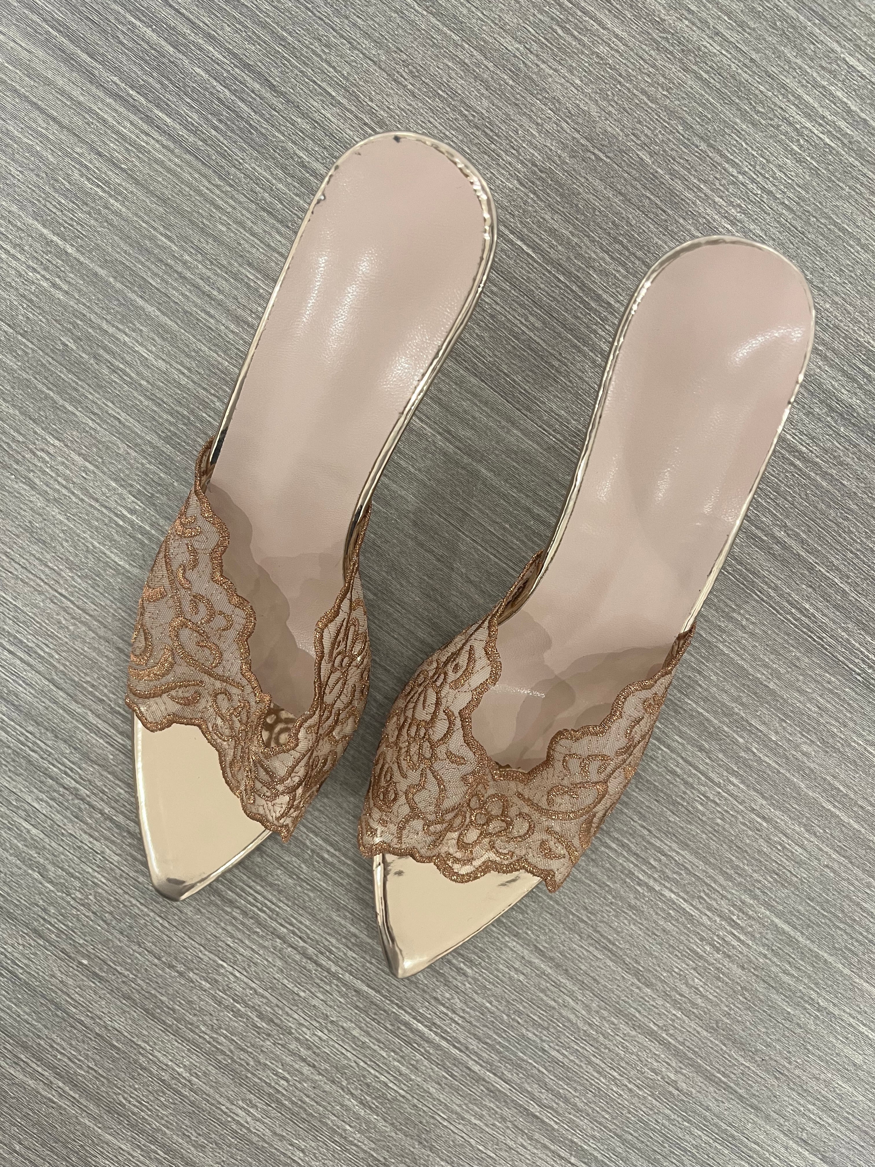 GOLD LACE MULE HEELS
